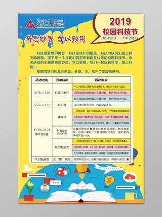 2019学校科技节奇思妙想黄色卡通宣传海报